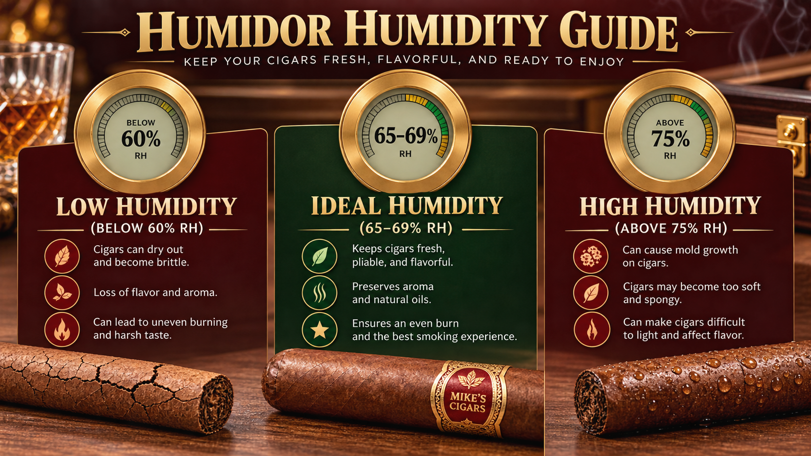 Humidor humidity infographic showing low, ideal, and high relative humidity levels