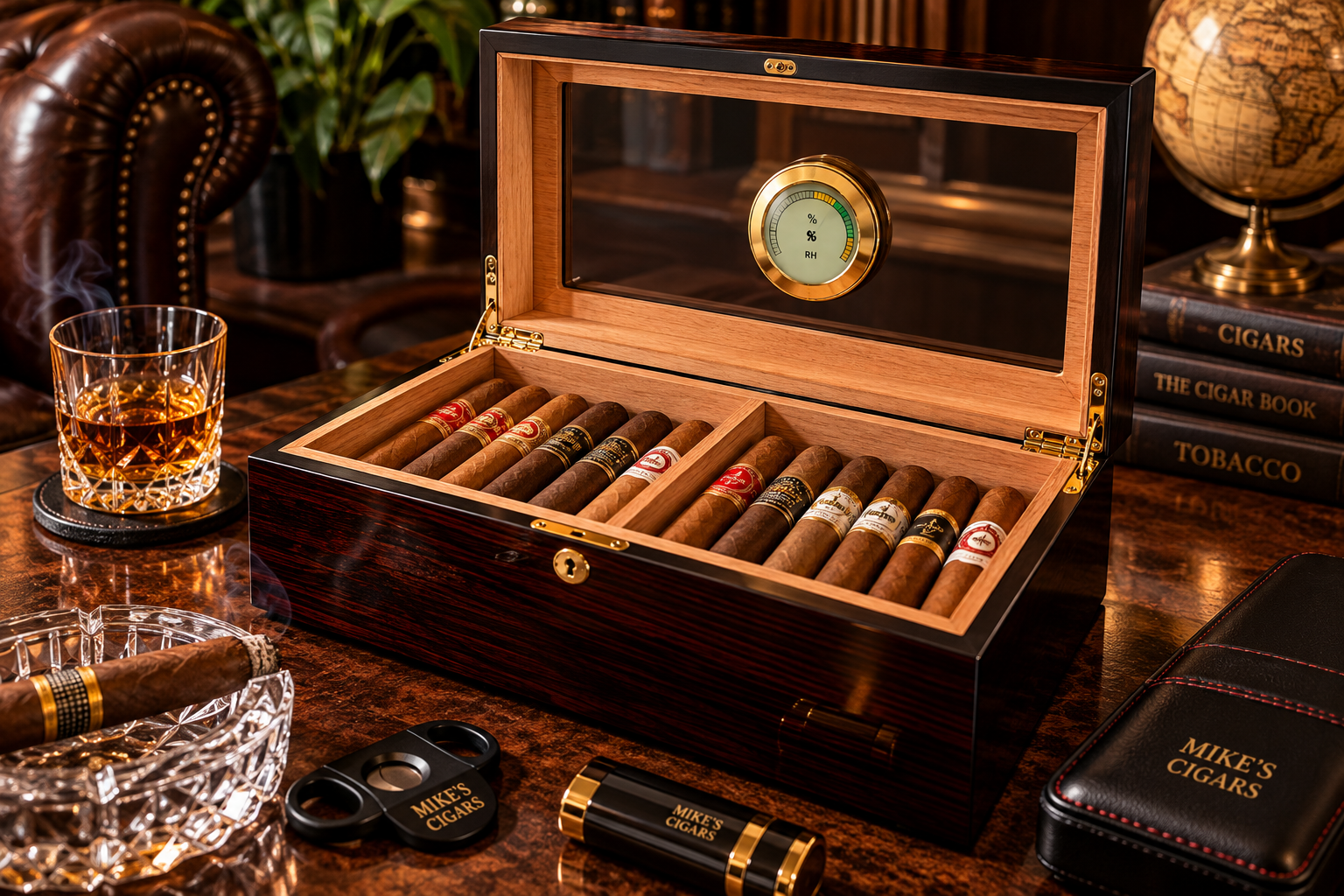 Luxury cigar humidor and cigars in an elegant lounge setting
