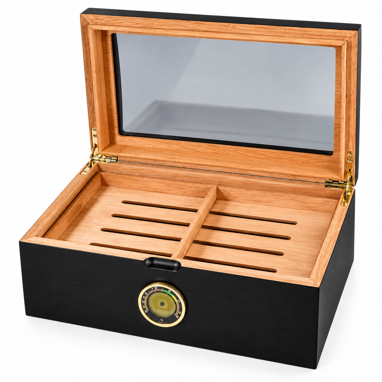 Open black wooden cigar humidor with a brass hygrometer