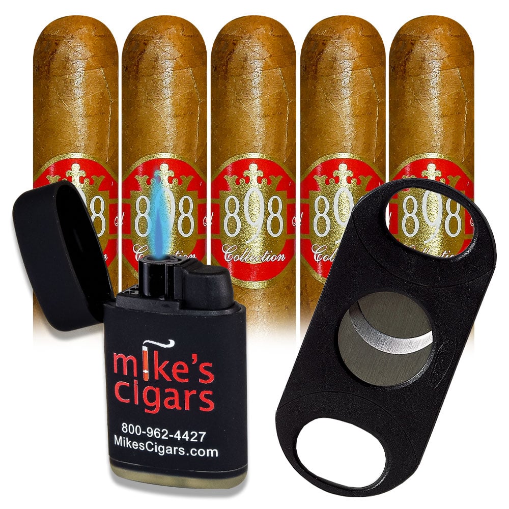 Add an 898 Collection 5 pack and Mike's Lighter and Cutter ($46.00 value) for only $4.99 with box purchase of participating brands of Puros of St James 
*boxes 20 cigars or more, while supplies last