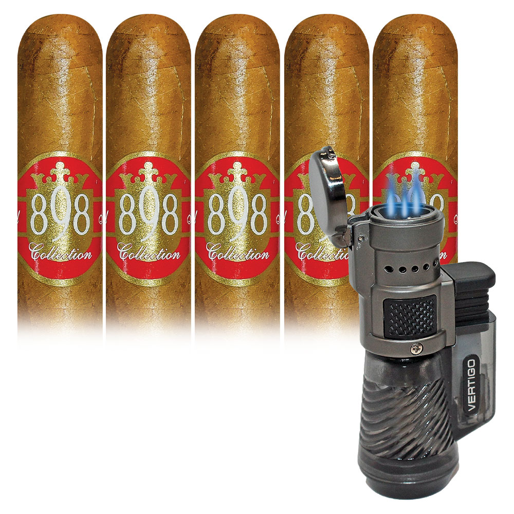 Add an 898 Collection 5 pack and Vertigo Cyclone Triple Torch Lighter ($71.75 value) for only $4.99 with box purchase of participating brands of Dominican Delicias, Puros of St James 
*boxes 20 cigars or more, while supplies last