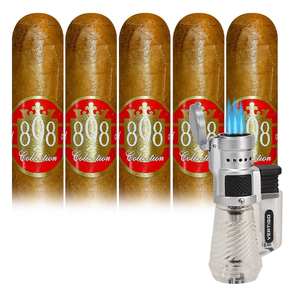 Add an 898 Collection 5 pack and Vertigo Cyclone Triple Torch Lighter ($37.75 value) for only $4.99 with box purchase of participating brands of Dominican Delicias, Puros of St James 
*boxes 20 cigars or more, while supplies last