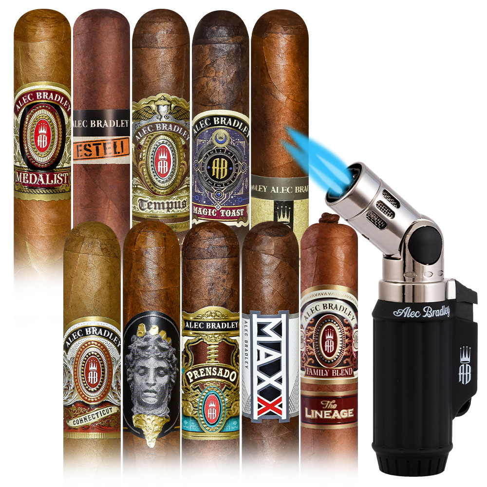 Add an Alec Bradley 10 Cigar Sampler and Mugshot Torch Lighter ($152.25 value) for only $4.99 with box purchase of participating brands of Alec Bradley
*boxes 20 cigars or more, while supplies last