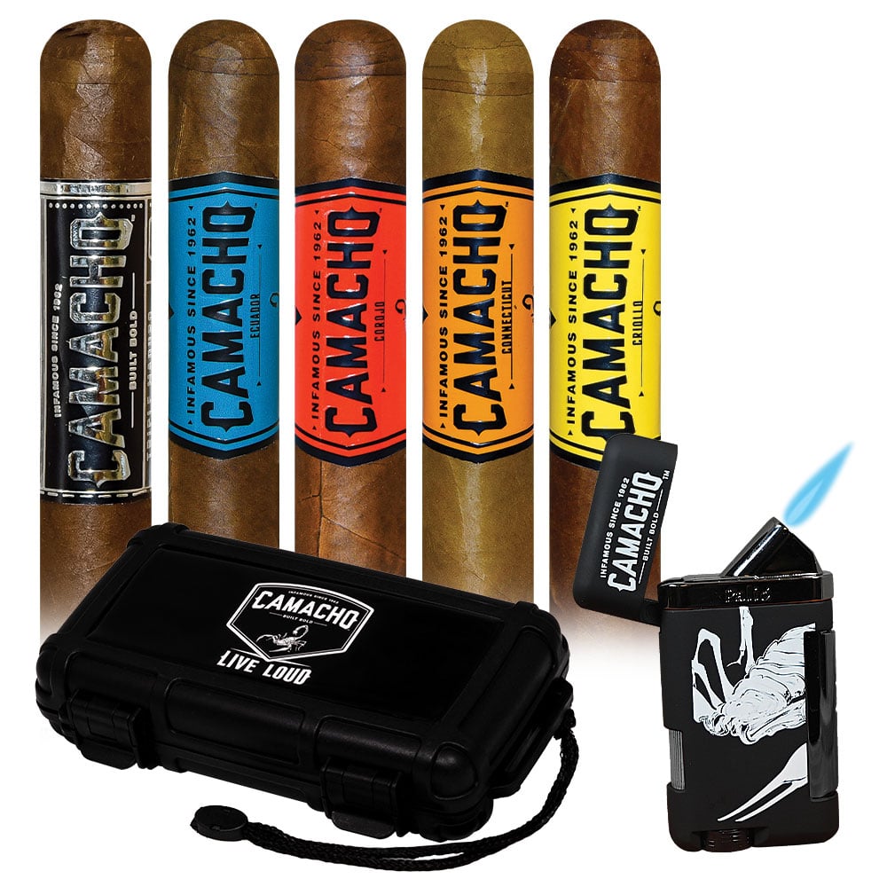 Add a Camacho Core 5ive Robusto Assortment and 5 Cigar Caddy and Palio Lighter ($116.50 value) for only $14.99 with box purchase of participating brands of Camacho
*boxes 20 cigars or more, while supplies last