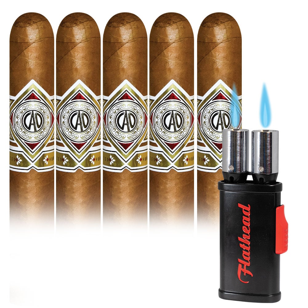 Add a CAO Gold 5 pack and Tailpipe Double Torch Lighter ($102.50 value) for only $4.99 with box purchase of participating brands of CAO
*boxes 15 cigars or more, while supplies last