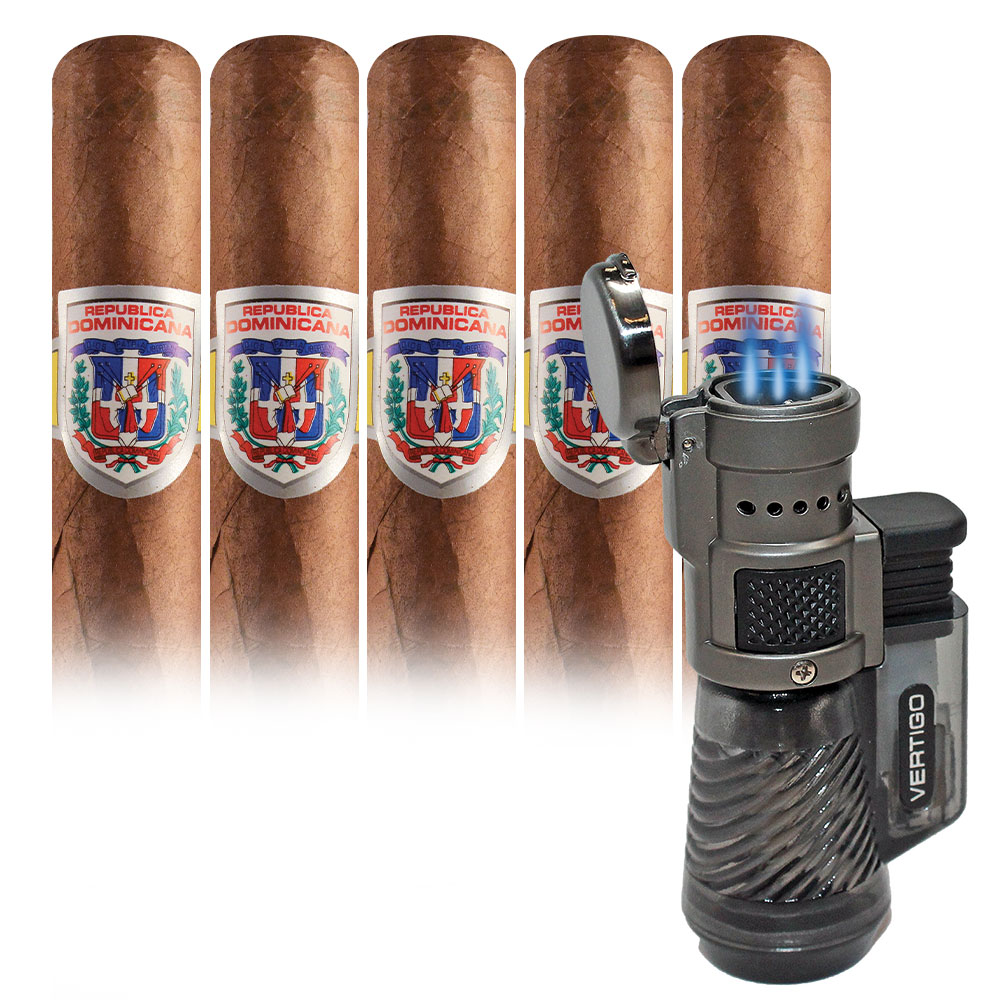 Add a Dominican Delicias 5 pack and Vertigo Cyclone Triple Torch Lighter Charcoal ($34.75 value) for only $4.99 with box purchase of participating brands of Dominican Delicias, Puros of St James 
*boxes 20 cigars or more, while supplies last