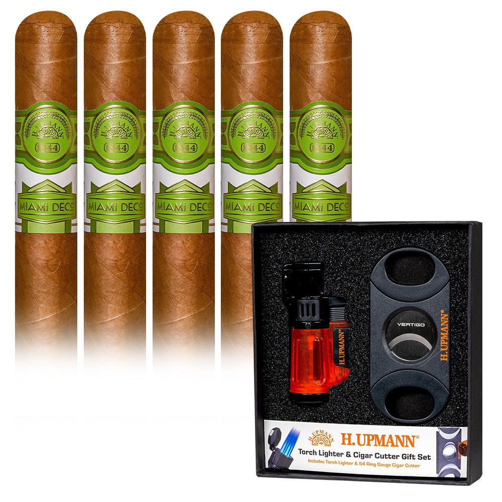 Add an H Upmann Miami Deco 5 pack and Cyclone 3 Gift Set ($86.20 value) for only $4.99 with box purchase of participating brands of H Upmann
*boxes 15 cigars or more, while supplies last
