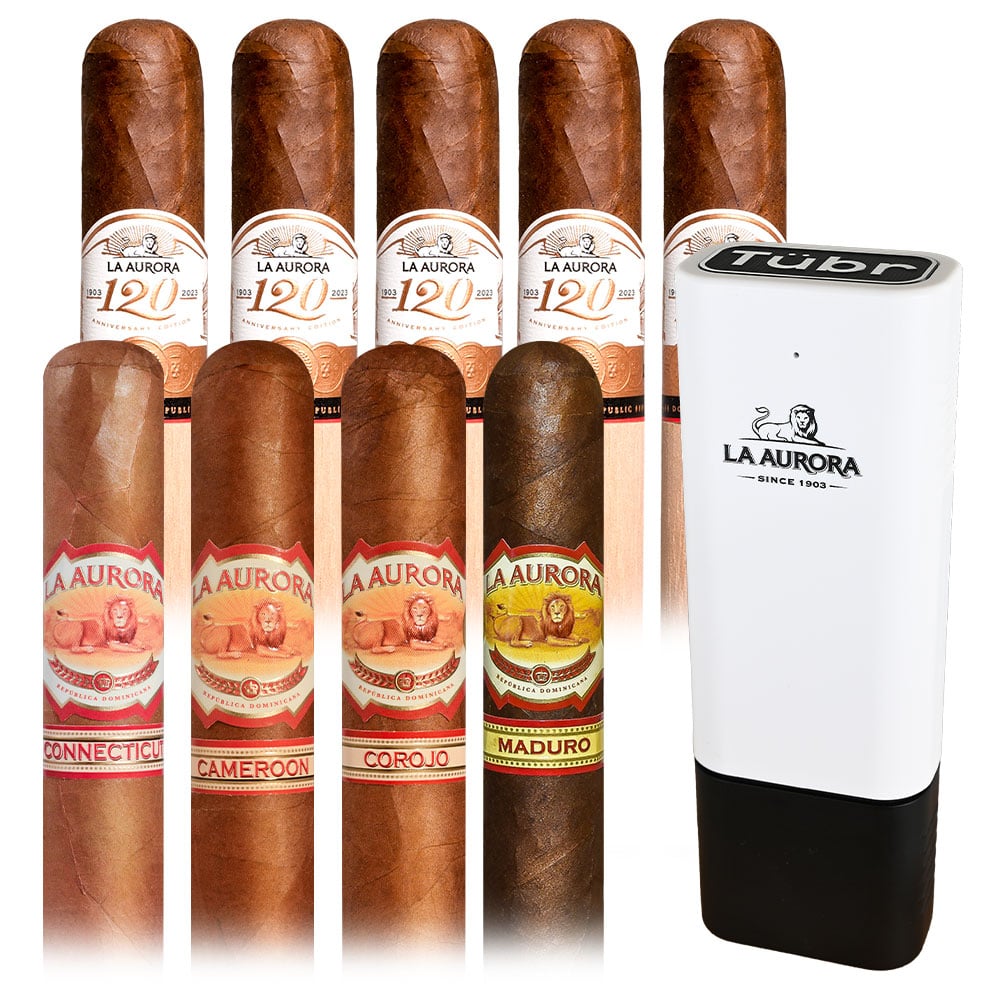 Add a La Aurora 9 Cigar Sampler and Travel Case ($133.00 value) for only $9.99 with box purchase of participating brands of La Aurora
*boxes 20 cigars or more, while supplies last