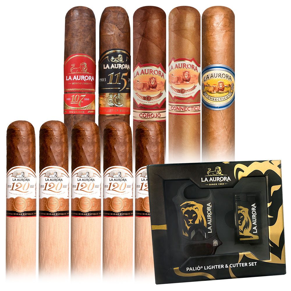 Add a La Aurora 10 Cigar Gift Set ($186.00 value) for only $4.99 with box purchase of participating brands of La Aurora
*boxes 8 cigars or more, while supplies last