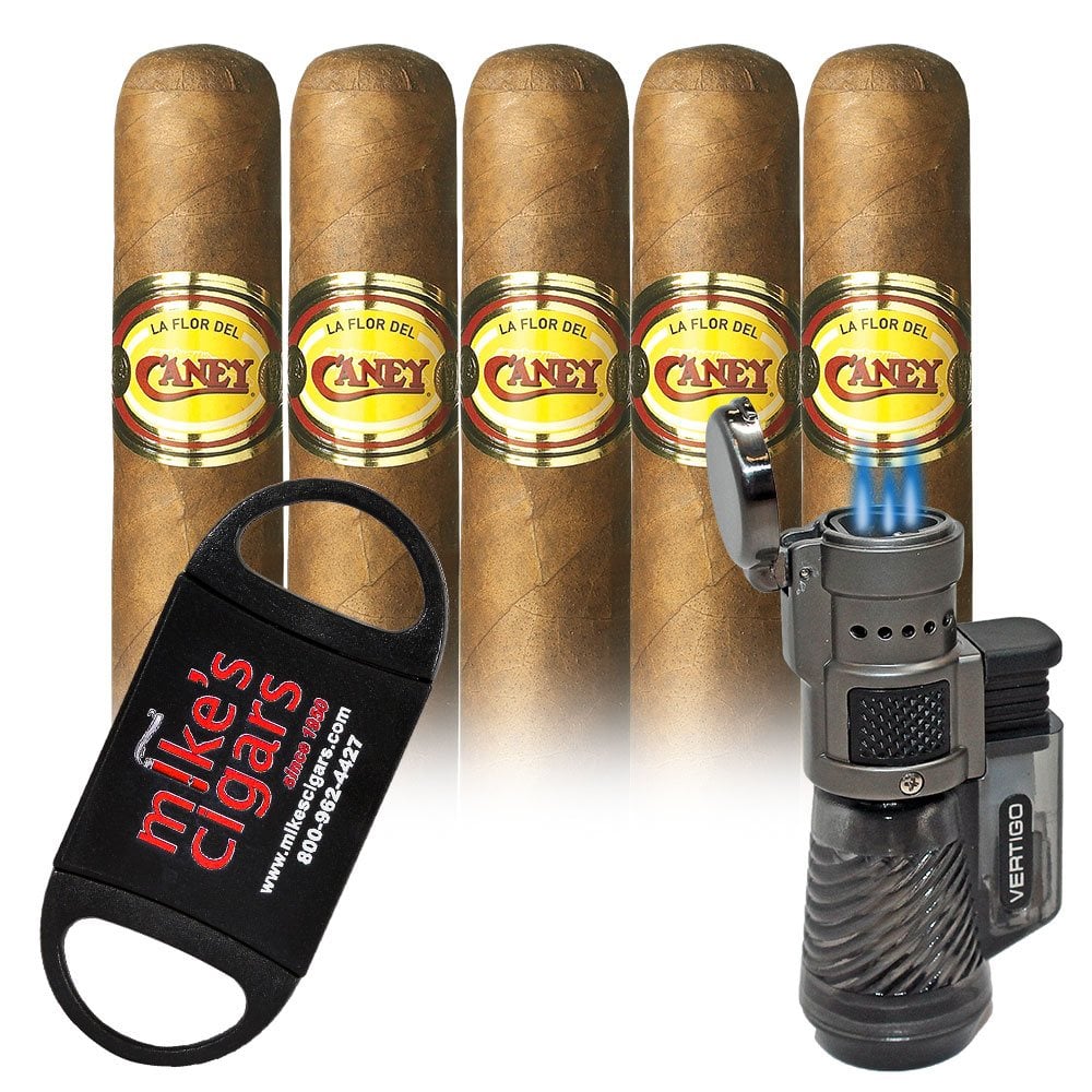 Add a La Flor Del Caney 5 pack and Vertigo Cyclone Triple Torch Lighter Charcoal and Mike's Cutter ($67.50 value) for only $4.99 with box purchase of participating brands of Puros of St James 
*boxes 20 cigars or more, while supplies last