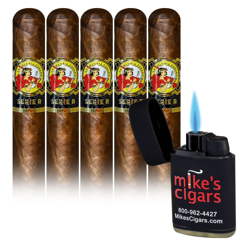 Add a La Gloria Serie R 5 pack and Mike's Lighter ($47.50 value) for only $4.99 with box purchase of participating brands of La Gloria
*boxes 20 cigars or more, while supplies last