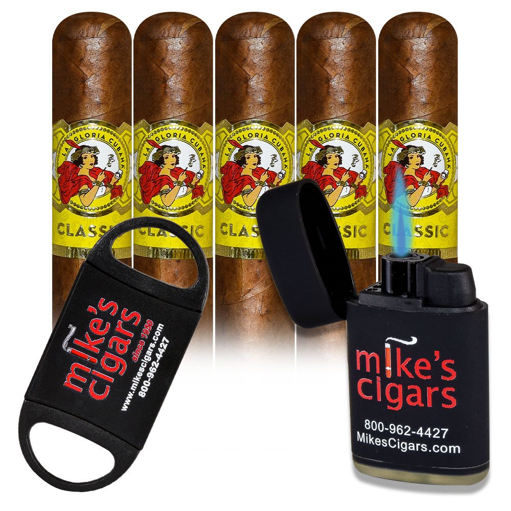 Add a La Gloria Cubana 5 pack and Mike's Lighter and Cutter ($54.00 value) for only $4.99 with box purchase of participating brands of La Gloria
*boxes 20 cigars or more, while supplies last