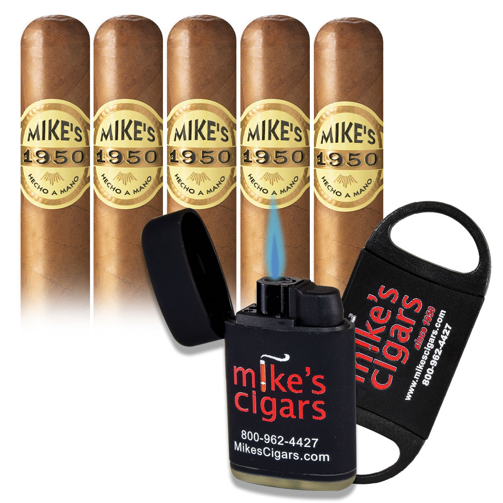 Add a Mike's 1950 5 pack and Lighter and Cutter ($64.75 value) for only $4.99 with box purchase of participating brands of 898 Collection, Bauza, Fonseca Predilectos, La Caoba Extra, La Flor del Caney, Licenciados, Mike's 1950
*boxes 20 cigars or more, while supplies last