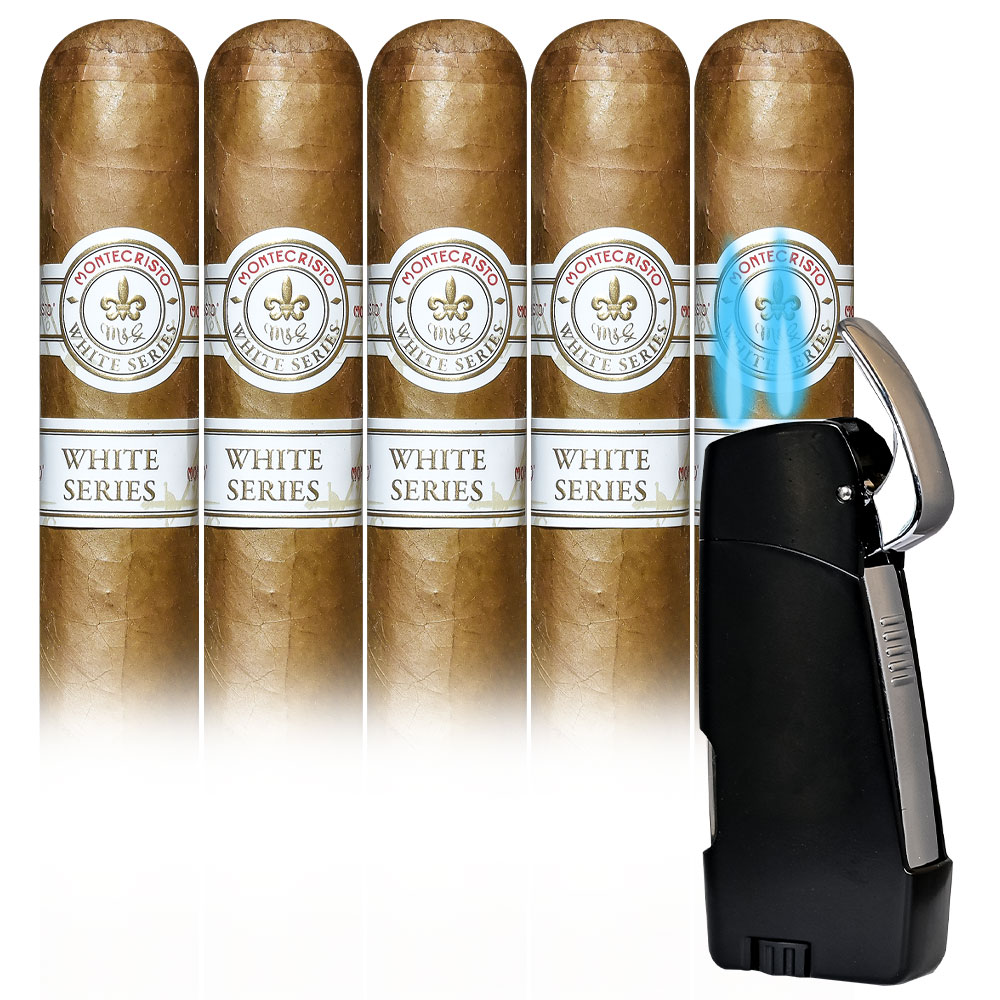 Add a Montecristo White 5 pack and Razor Double Torch Lighter ($99.75 value) for only $4.99 with box purchase of participating brands of Montecristo
*boxes 15 cigars or more, while supplies last