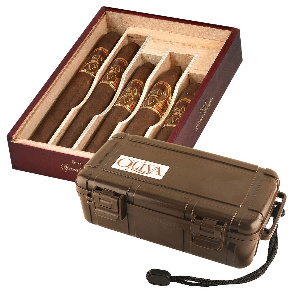 Add an Oliva Serie V Variety Sampler and Travel Humidor ($118.00 value) for only $4.99 with box purchase of participating brands of Oliva, Cain, Nub
*boxes 20 cigars or more, while supplies last