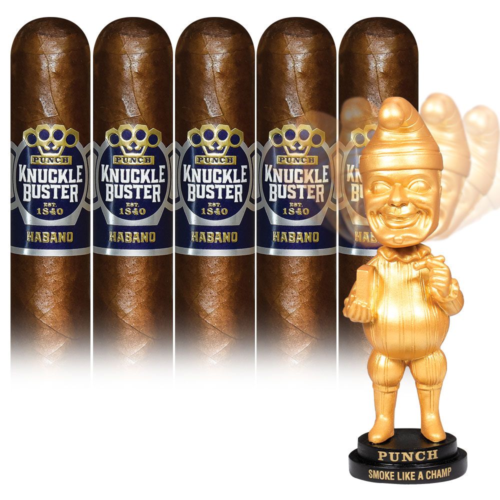 Add a Punch Knuckle Buster 5 pack and Gold Bobblehead ($85.50 value) for only $4.99 with box purchase of participating brands of Punch
*boxes 20 cigars or more, while supplies last