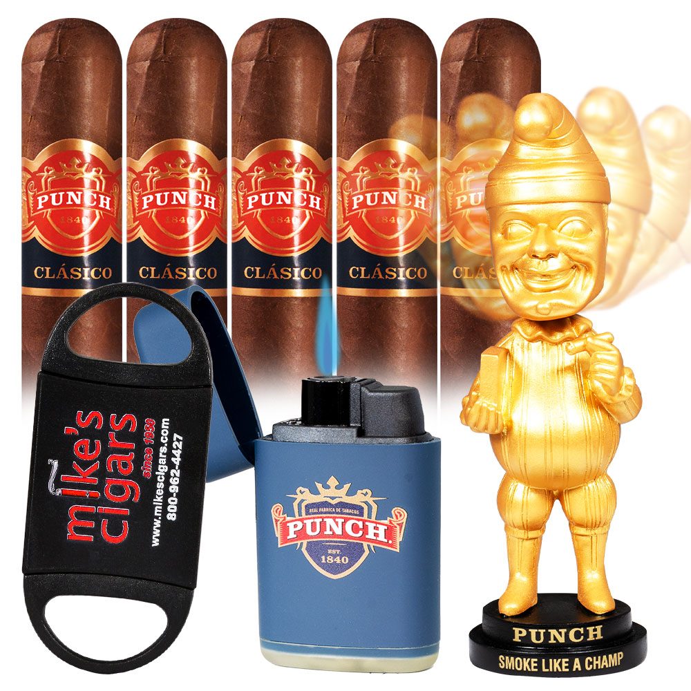 Add a Punch Classic 5 pack and Gold Bobblehead and Lighter and Cutter ($148.50 value) for only $9.99 with box purchase of participating brands of Punch
*boxes 20 cigars or more, while supplies last