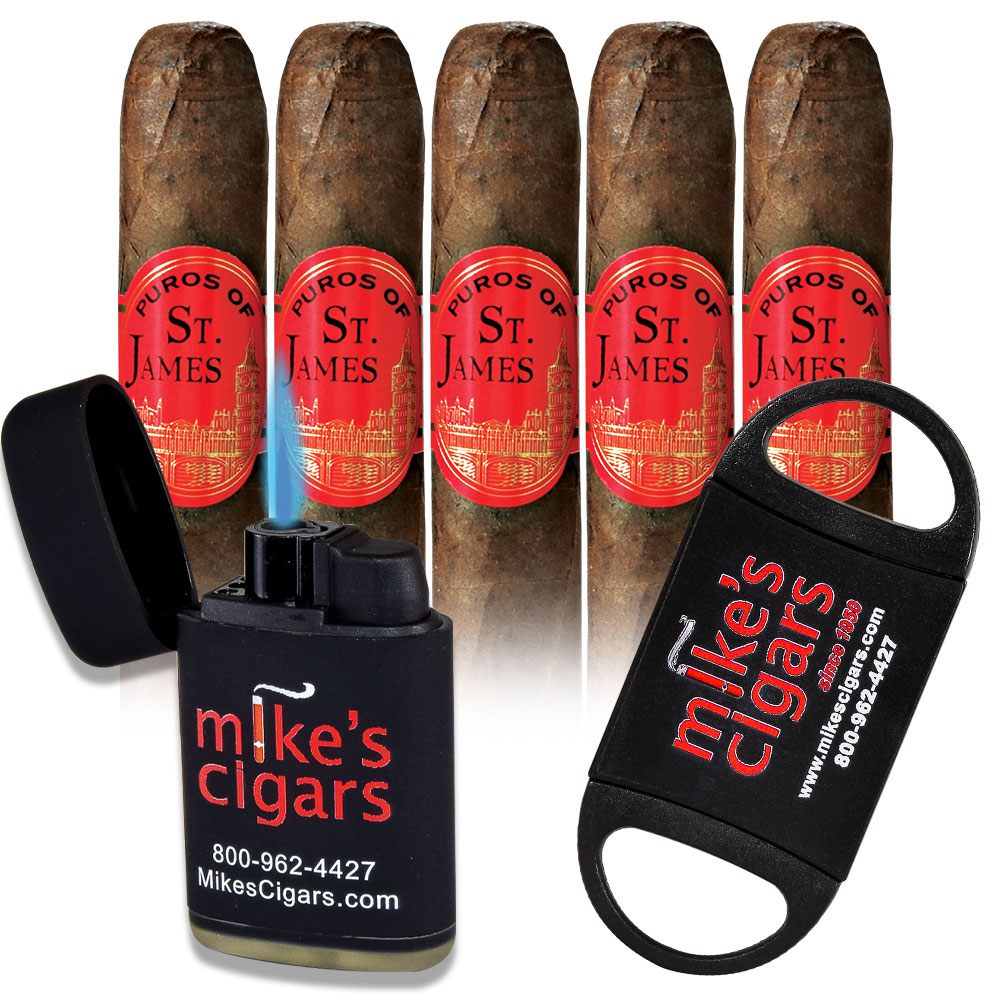 Add a Puros Of St James 5 pack and Mike's Lighter and Cutter ($44.00 value) for only $4.99 with box purchase of participating brands of Dominican Delicias, Puros of St James 
*boxes 20 cigars or more, while supplies last